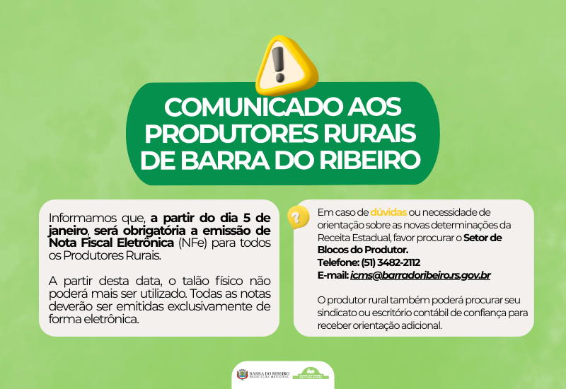 COMUNICADO AOS PRODUTORES RURAIS  DE Barra do Ribeiro
