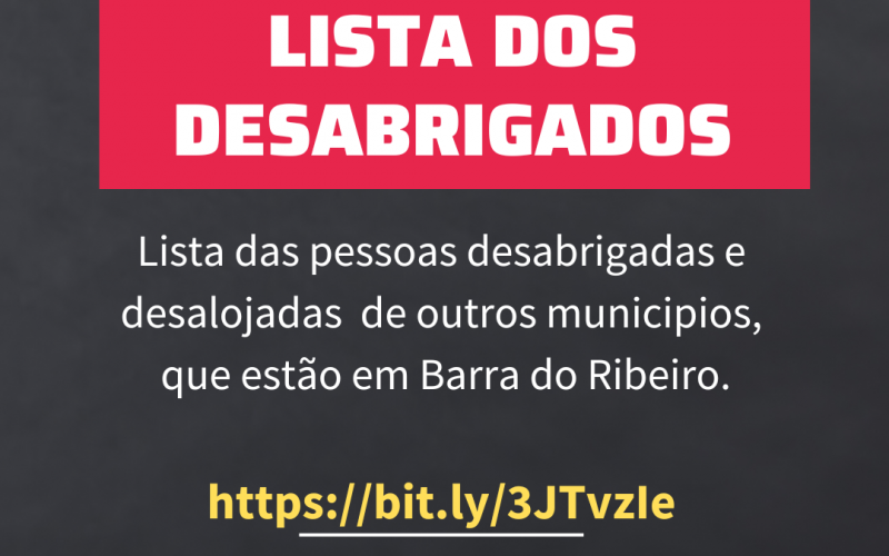 Lista dos desabrigados e/ou desalojados em Barra do Ribeiro